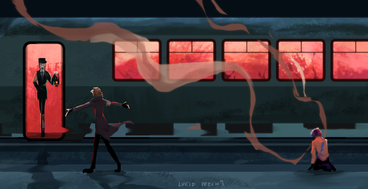A drawing of Revivedbur approaching the train in his limbo, arms spread in welcome as he strides to the conductor, Dream. Ghostbur kneels on the platform away from the door, steam wafting off of him.